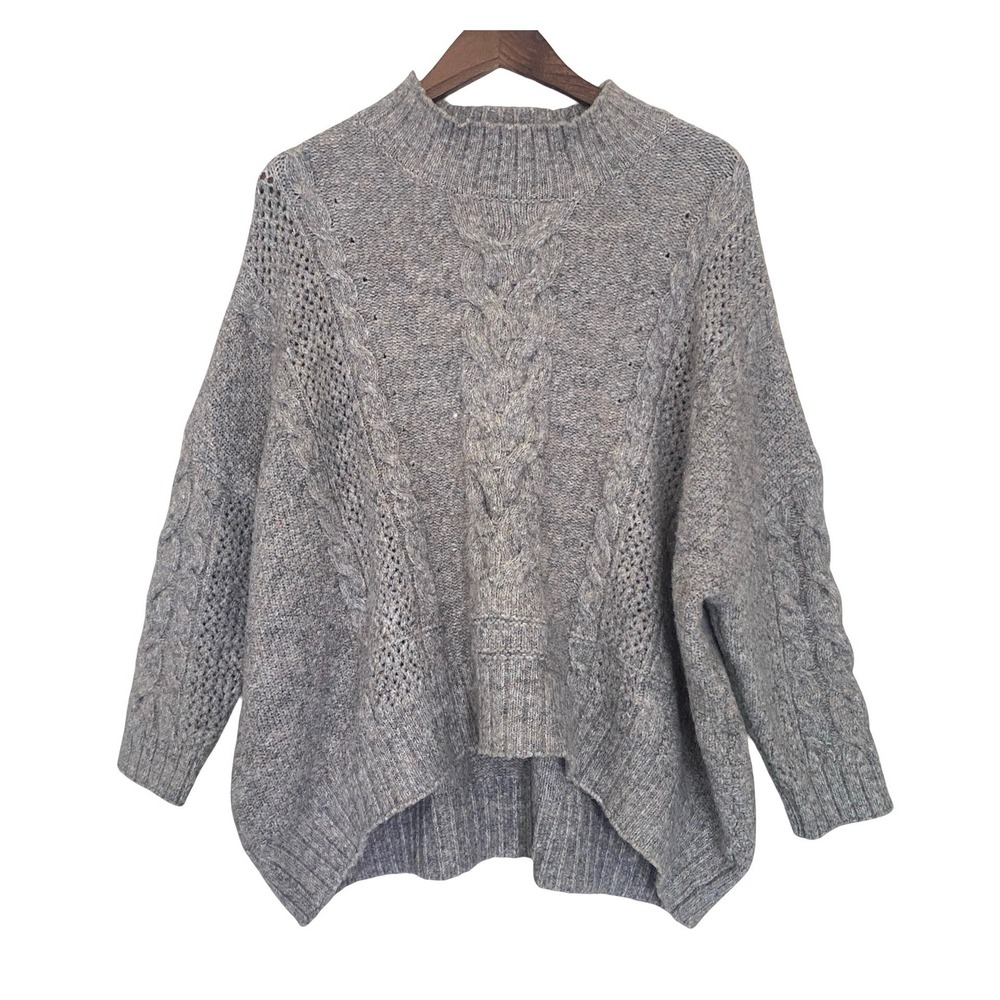 World Market Cable Knit Womens Sweater One Size Gray Mock Neck Oversized Boho